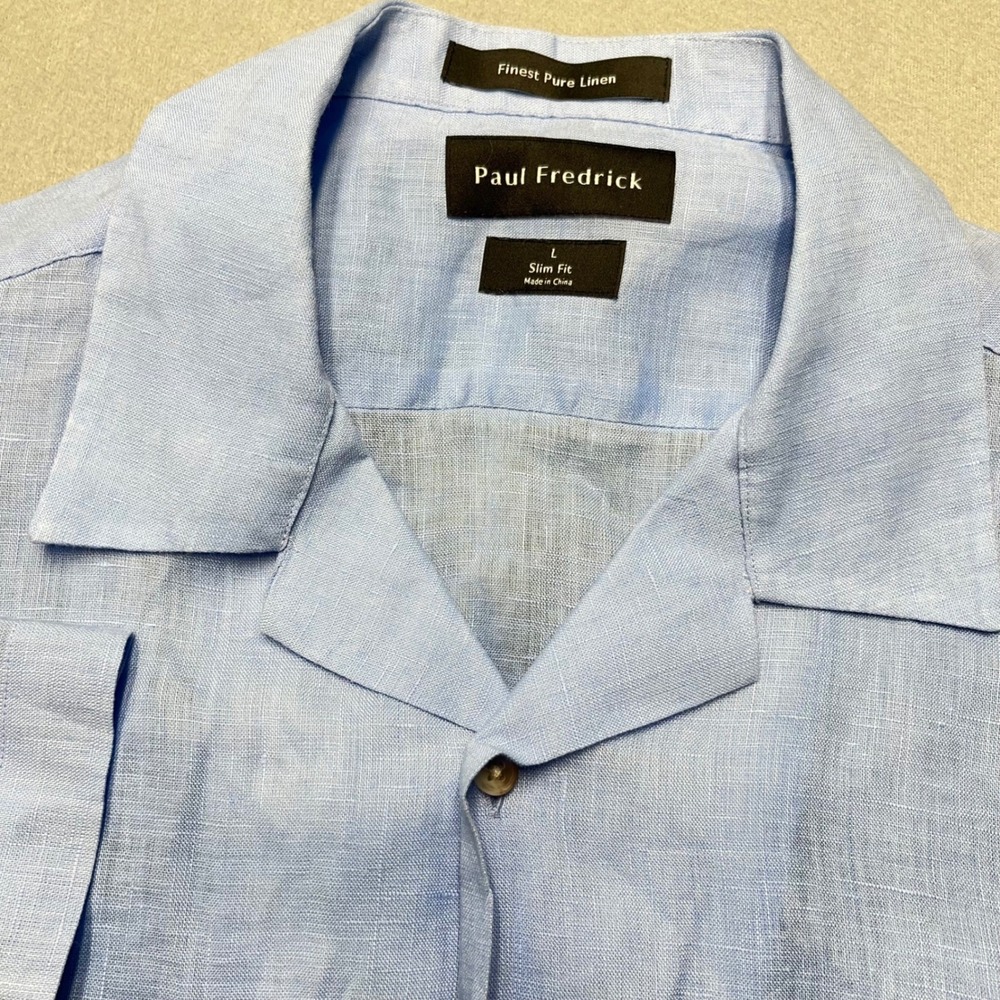 Paul Fredrick Mens Blue 100% Linen Slim Fit Short Sleeve Camp Collar‎ Shirt L